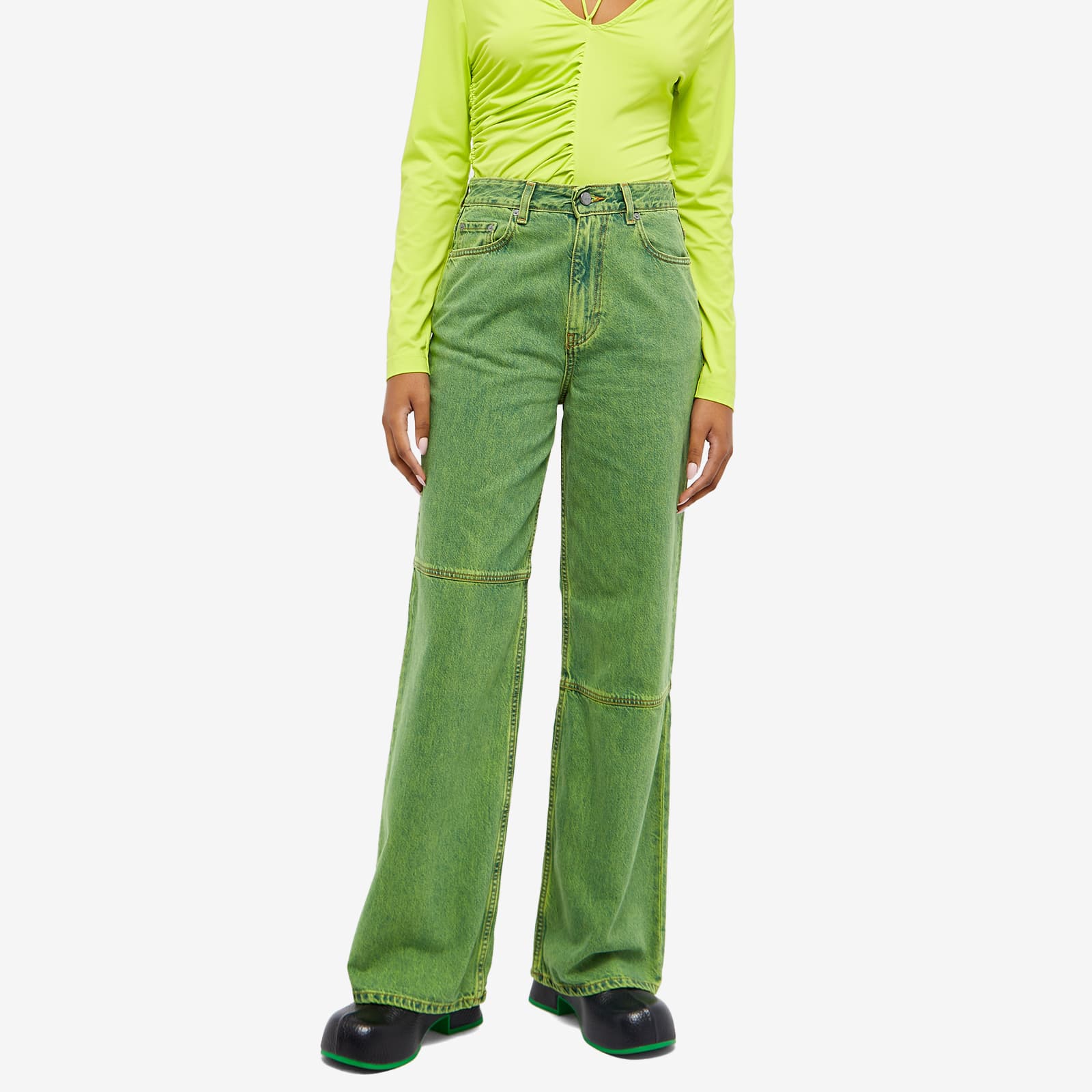 GANNI Overdyed Bleach Denim Magny Jeans Lime Punch END.