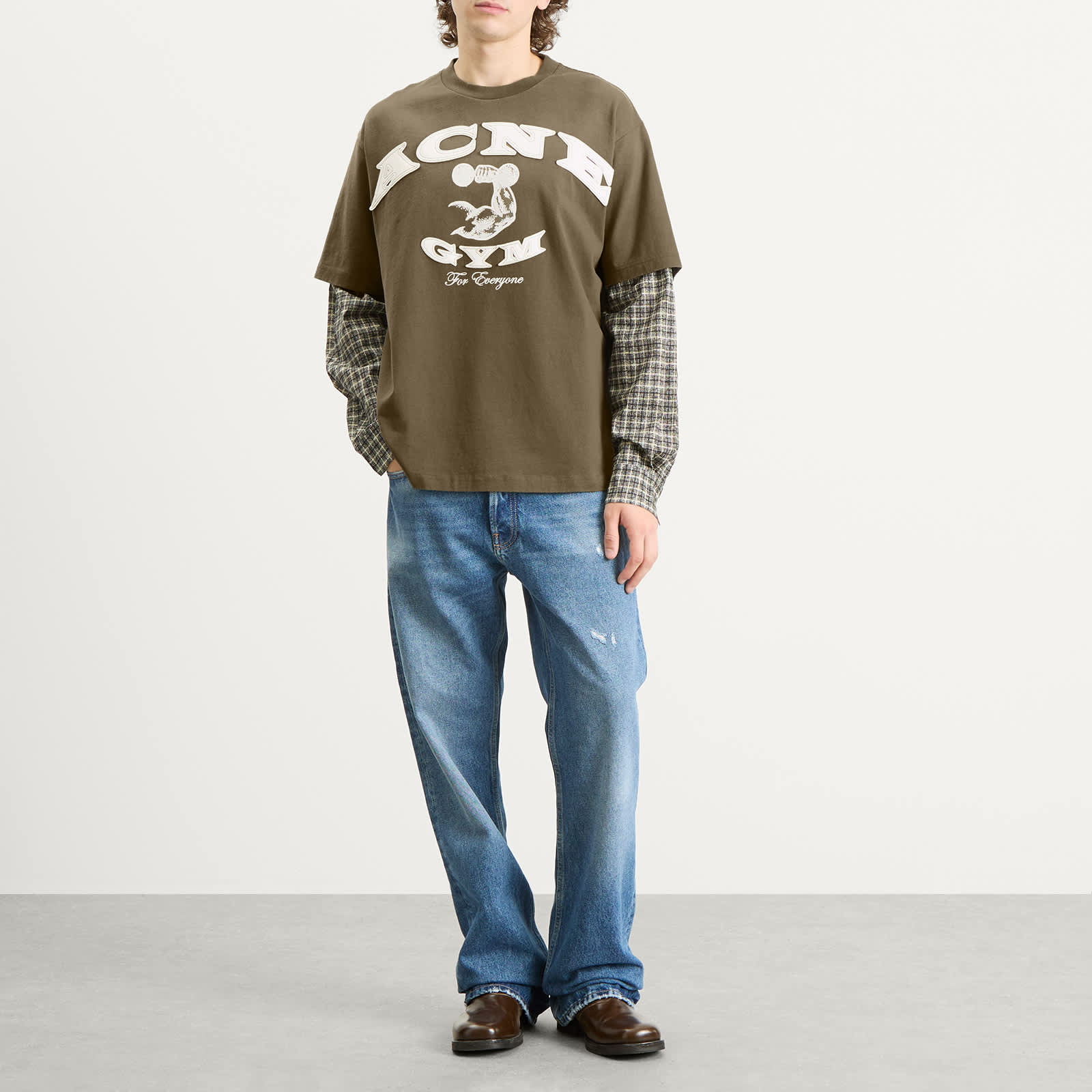 Acne Studios Exford U Long Sleeve Gym Bro Check Layered Tee - Vintage Green