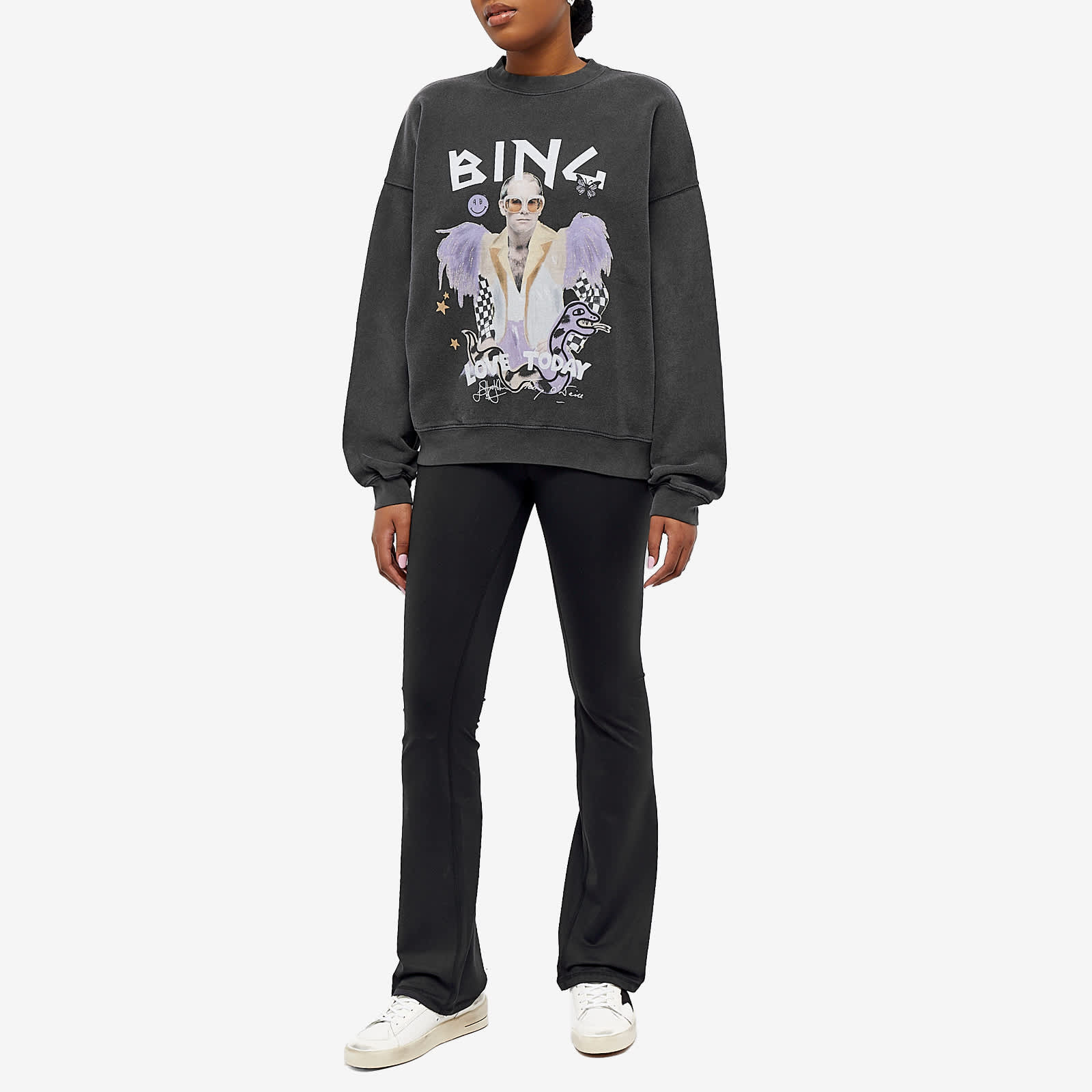 Anine Bing Elton John Logo Harvey Crew Sweat Washed Black | END.