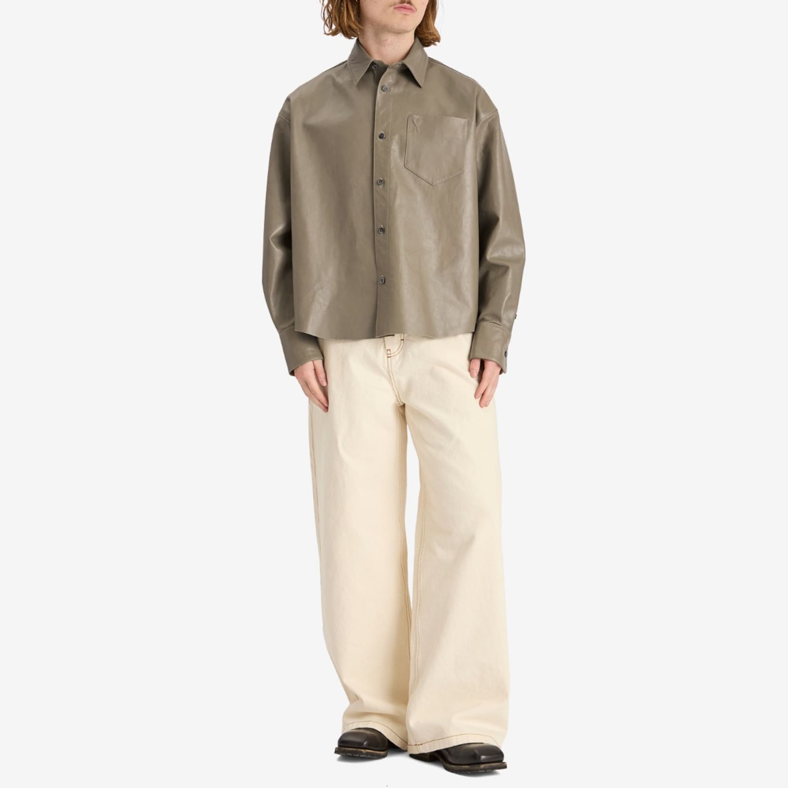 AMI Paris Boxy Fit Leather Overshirt - Laurel