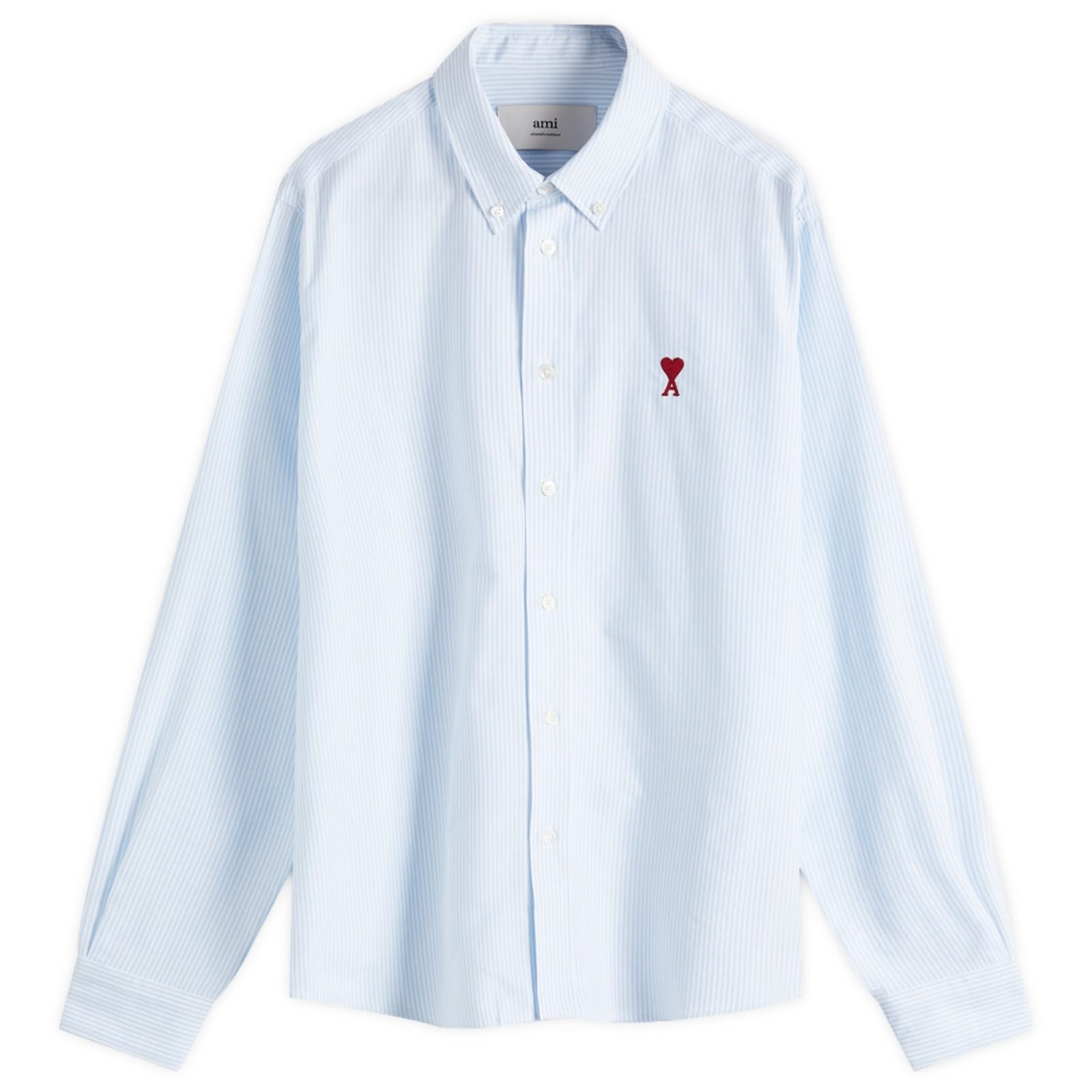 AMI Paris Heart Striped Button Down Oxford Shirt - Sky Blue & Natural White