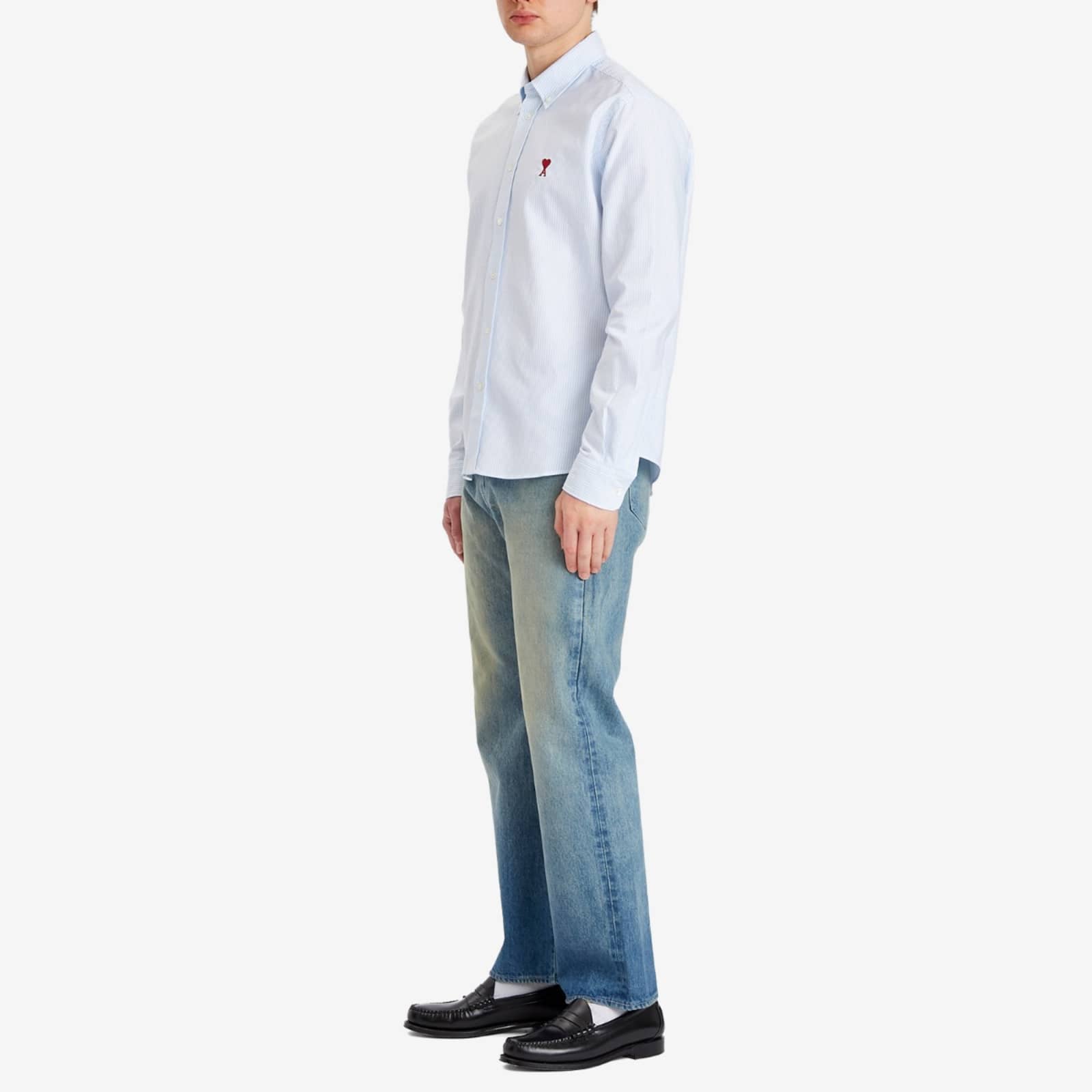 AMI Paris Heart Striped Button Down Oxford Shirt - Sky Blue & Natural White