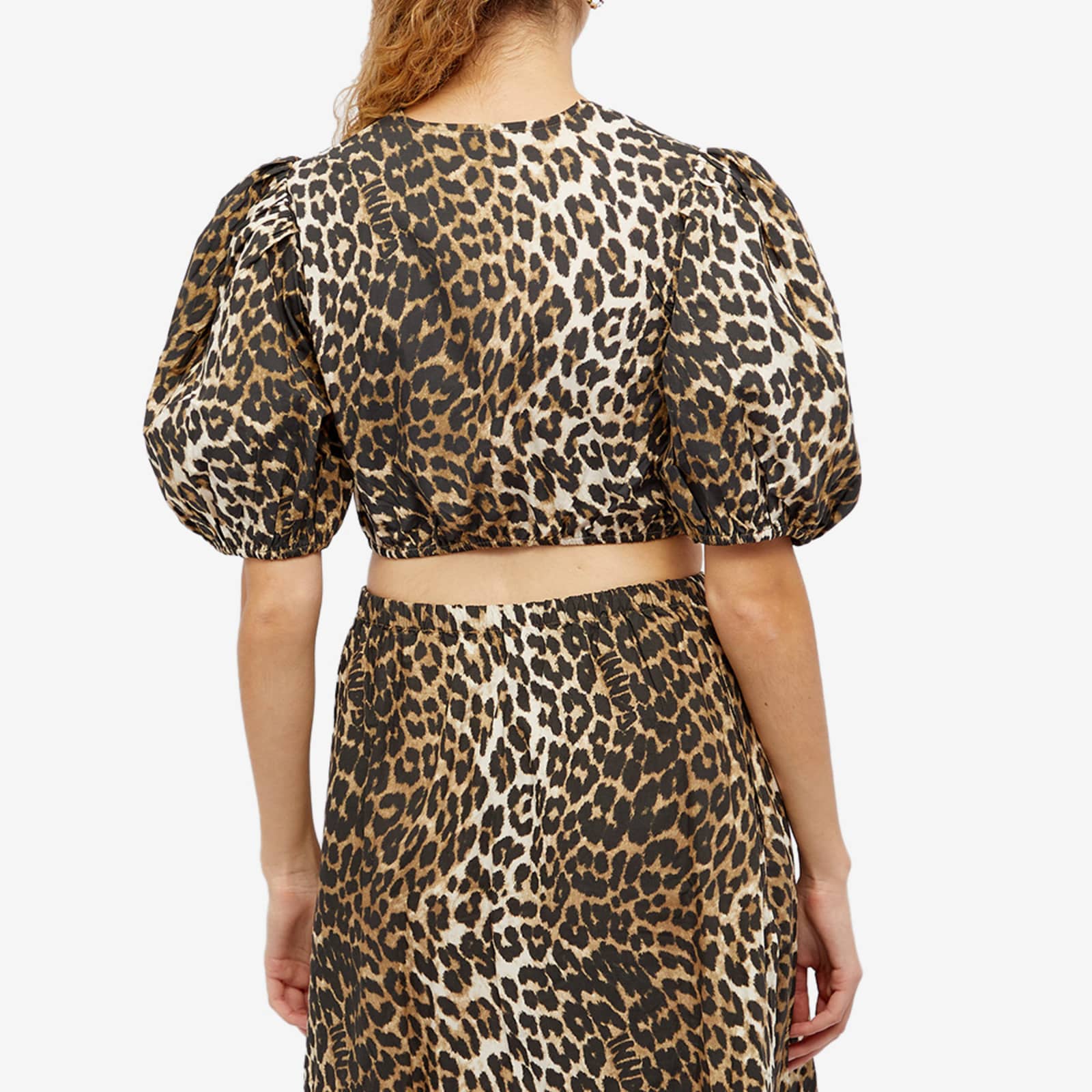GANNI Printed Cotton Crop Zipper Blouse Big Leopard & Almond Milk END