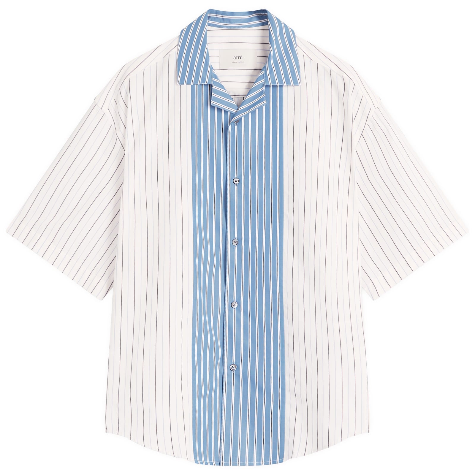 AMI Paris Camp Collar Contrast Stripe Boxy Shirt - Off-White, Blue Note & Navy