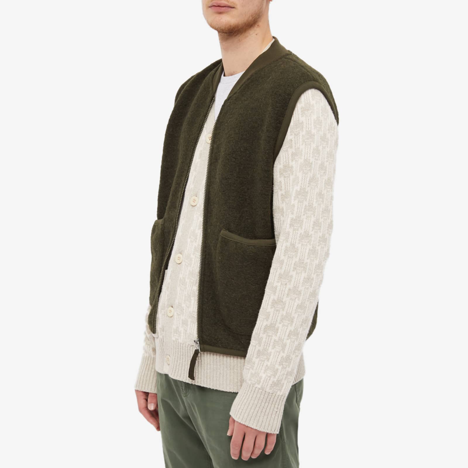 Universal Works Wool Fleece Zip Waistcoat Olive END.