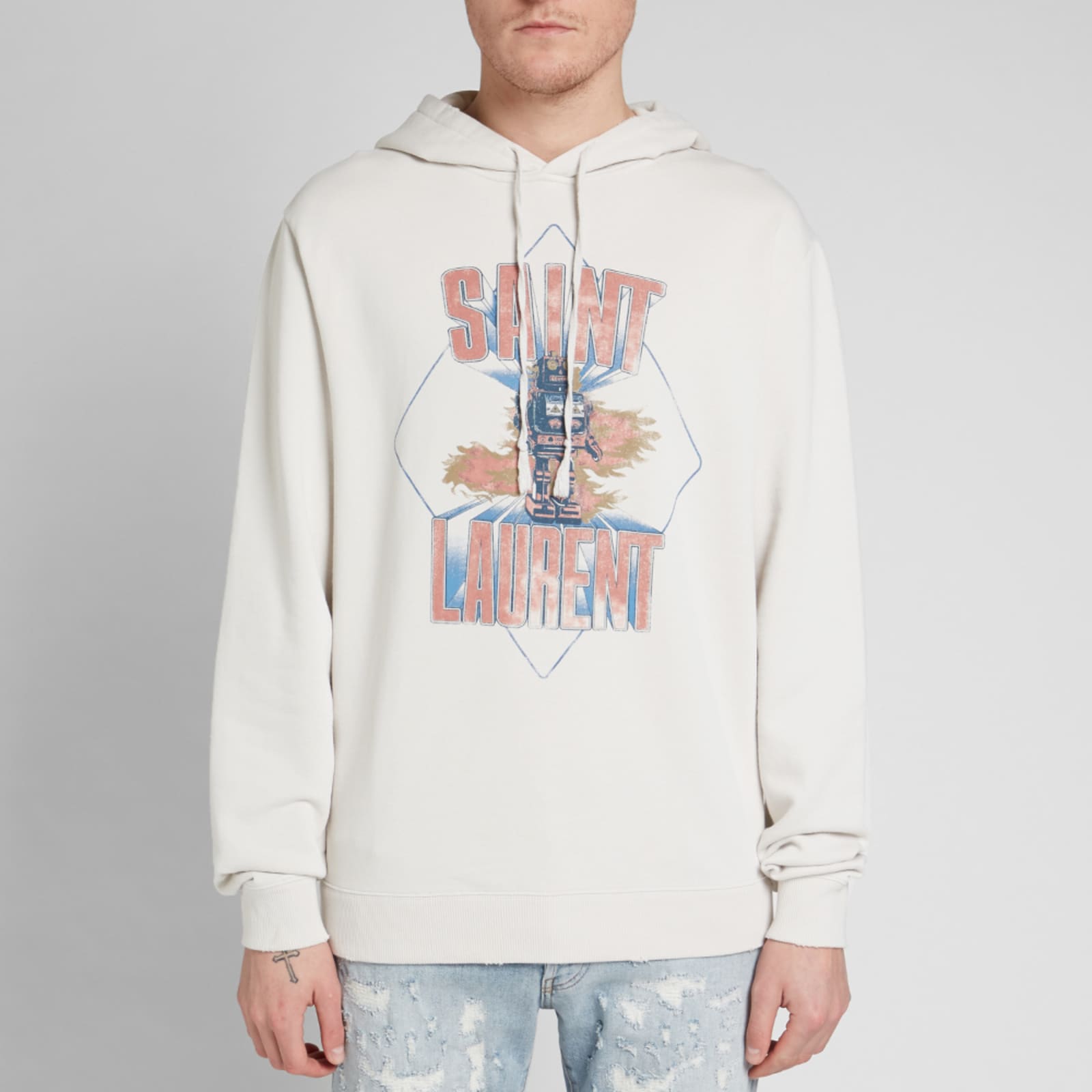 Saint Laurent Damaged Robot Popover Hoody - Dirty Ecru & Multi