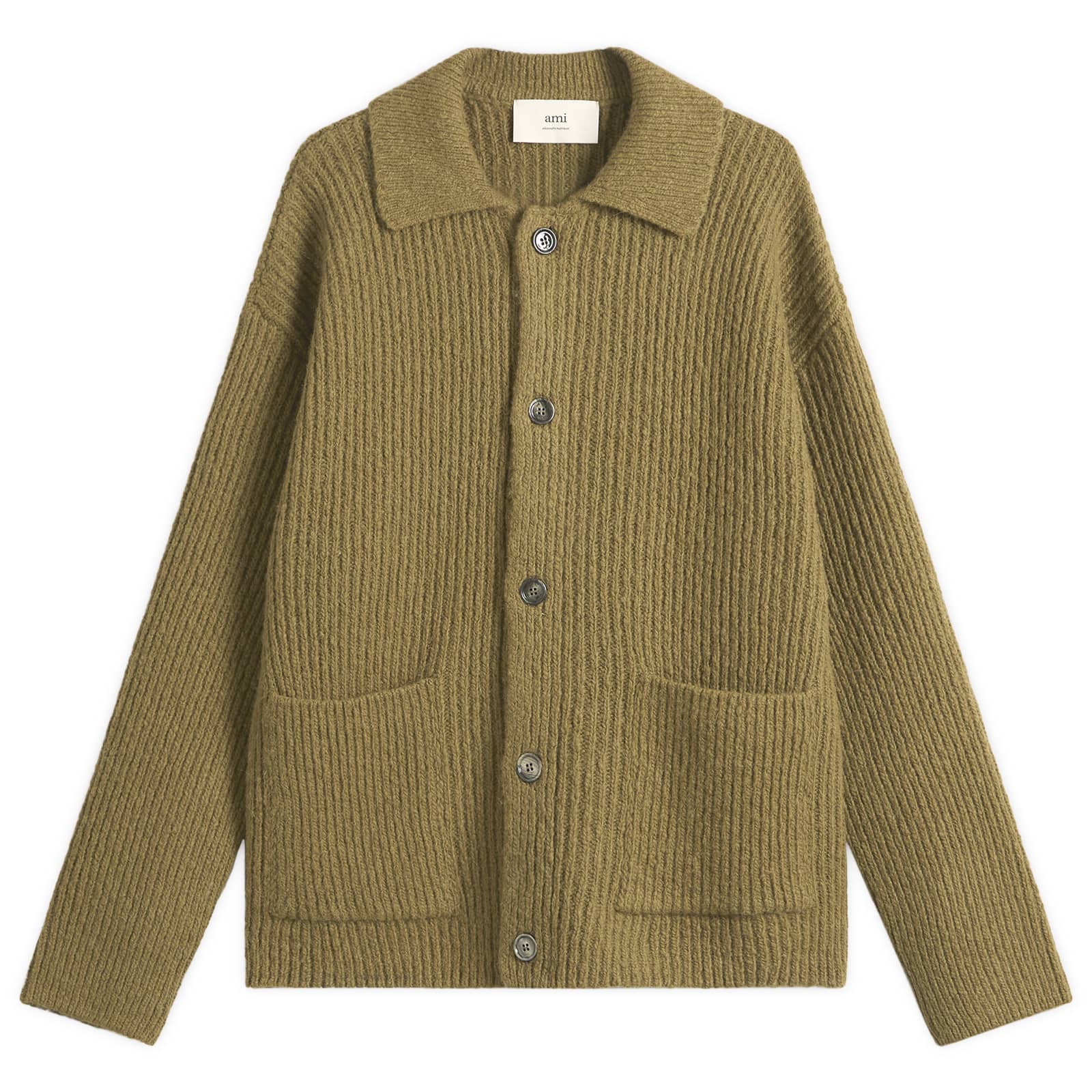 AMI Paris Felted And Chunky Wool Ribbed Knit Cardigan - Bronze