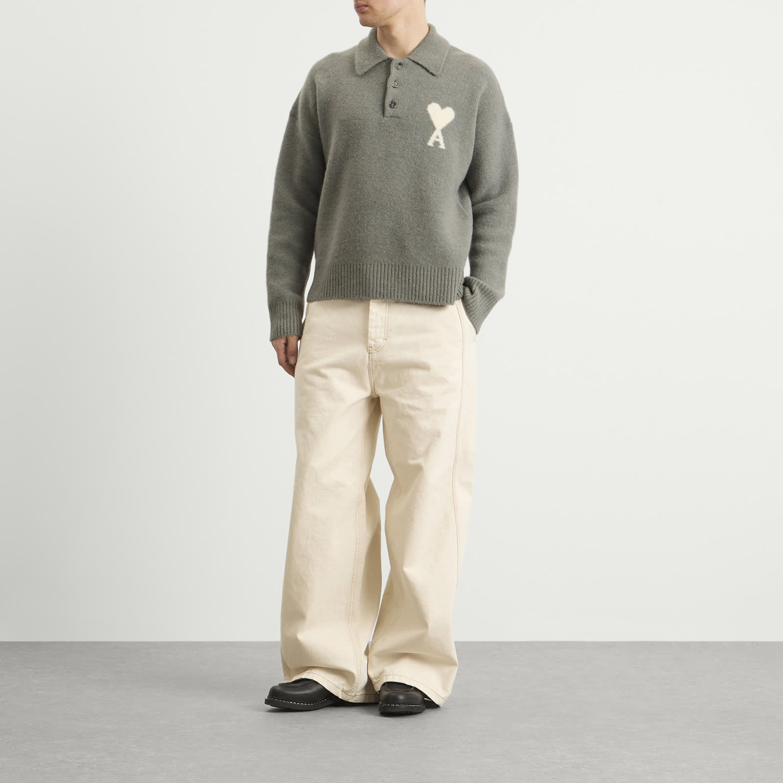 AMI Paris Alpaca Knit Polo - Gris/Ecru