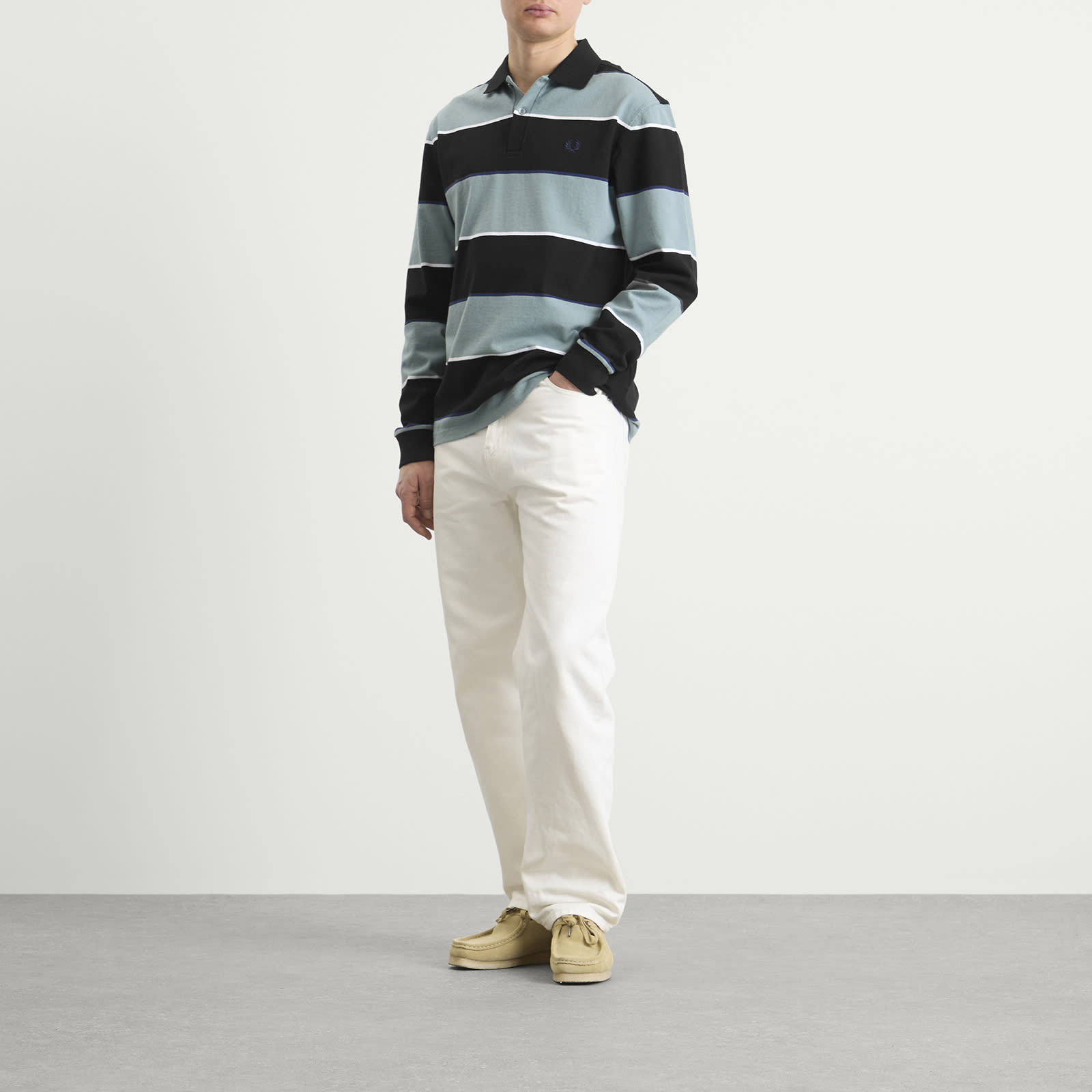 Fred Perry Heavyweight Striped Long Sleeve Polo Shirt - Black