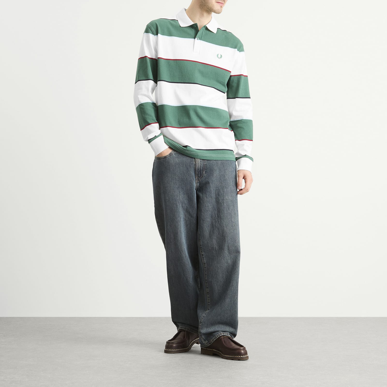 Fred Perry Heavyweight Striped Long Sleeve Polo Shirt - Snow White
