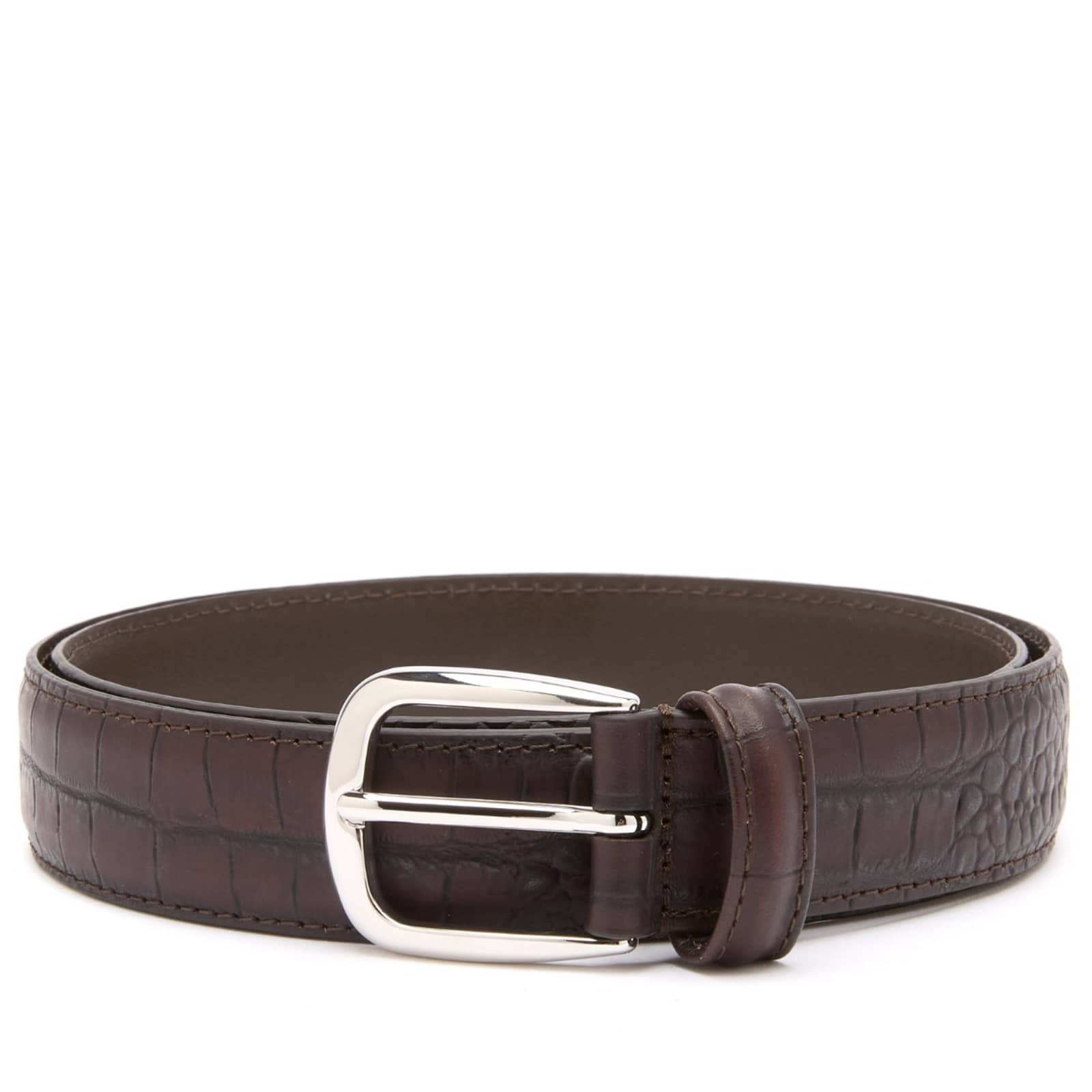 Anderson's Narrow Stitch Trimmed Alligator Print Leather Bel - Brown