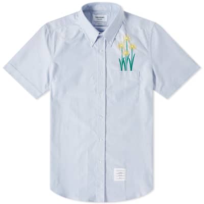 Thom Browne Short Sleeve Chrysanthemum Embroidered Button Down Shirt