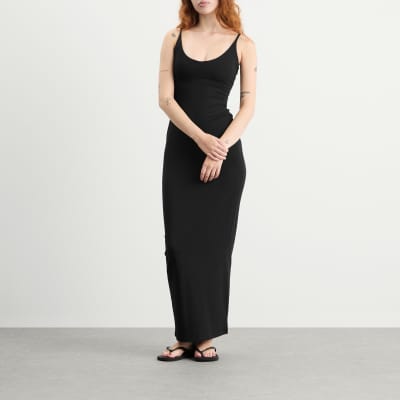 Women's Stripe Maxi Dress - V-Neck, Jersey Knit, Short Sleeve (Heather Grey Black Stripe, Large) - View #2