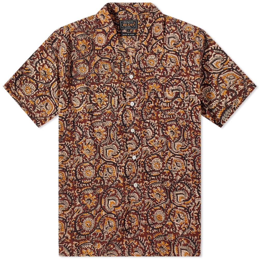 Beams Plus Short Sleeve Open Collar Floral Block Print Shirt Brown