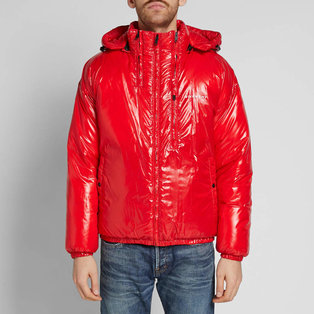 regular fit down coat with red logo label