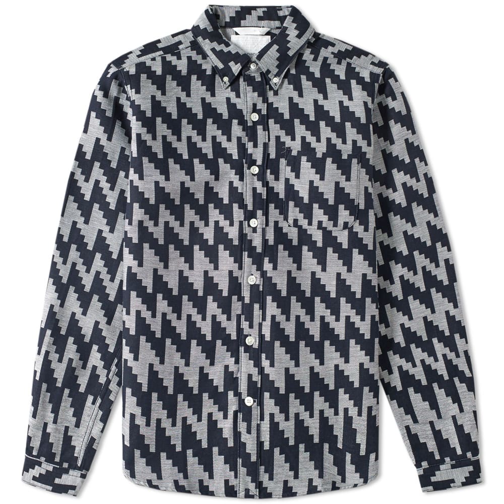 navy and white button down