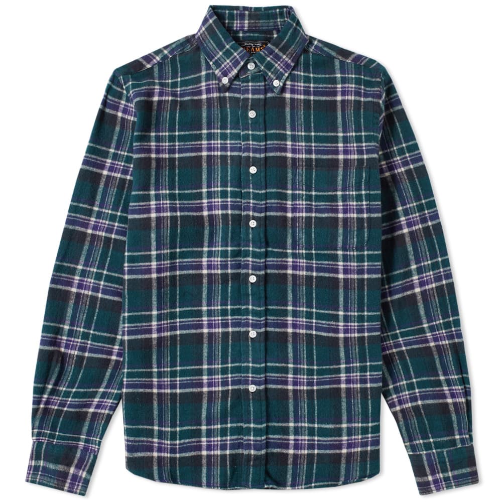 Beams Plus Button Down Shaggy Block Check Shirt Green END.