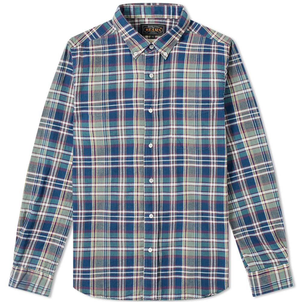 Beams Plus Button Down Indian Madras Shirt Navy END.