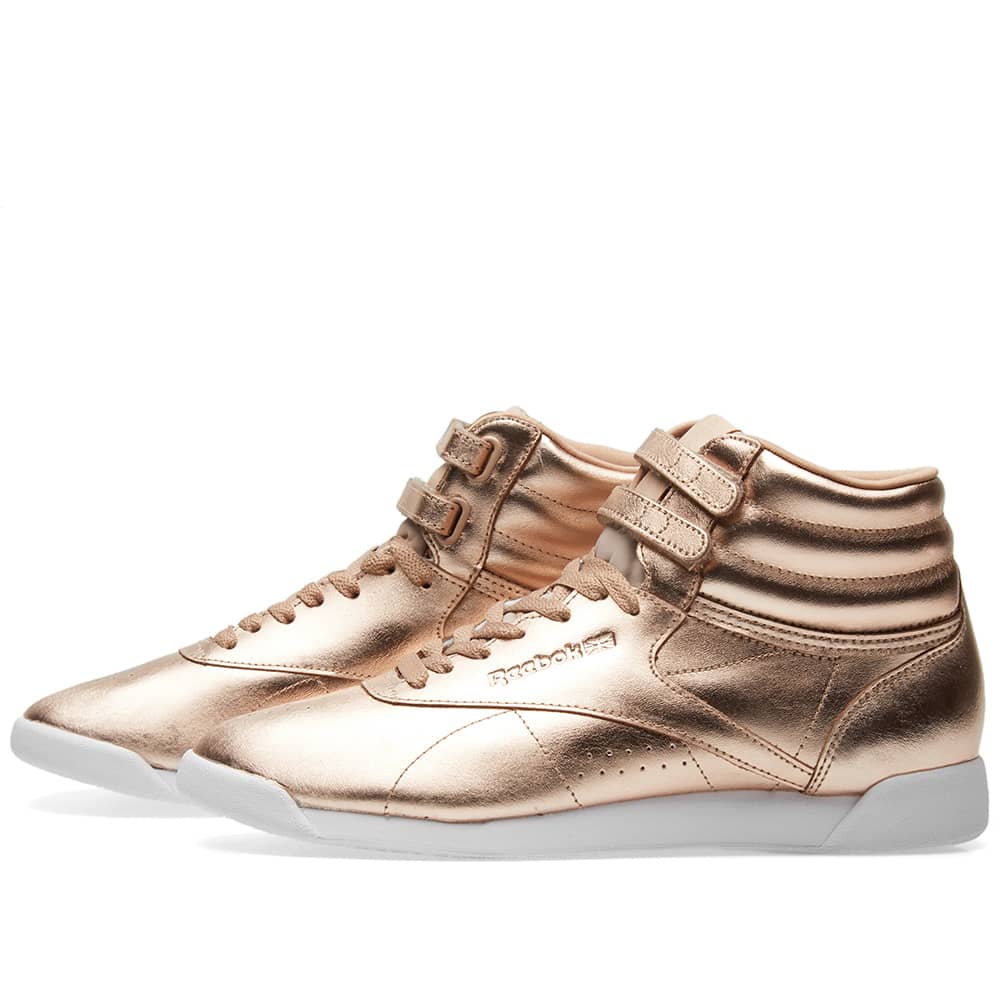reebok freestyle hi metallic rose gold