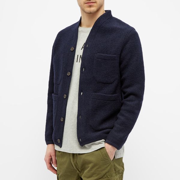 universal works cardigan in navy wool fleece