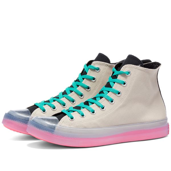 pink and black high top converse