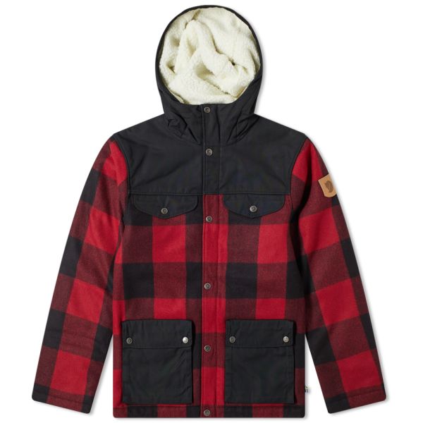 red and black plaid jacket with hood