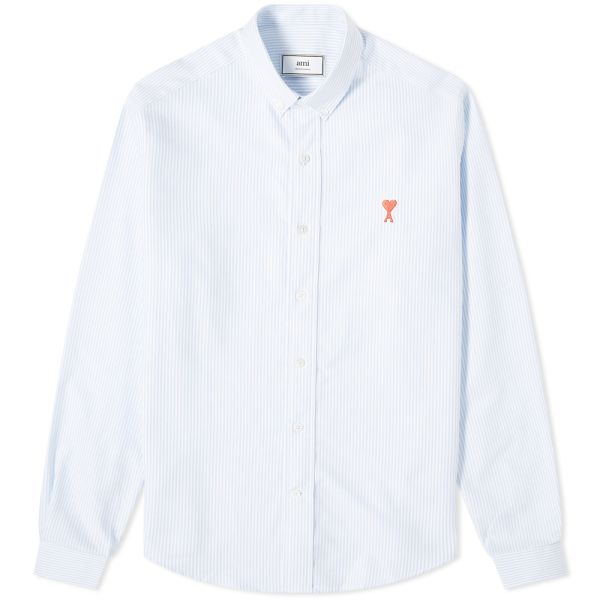 Ami Button Down Logo Stripe Oxford Shirt Blue White End